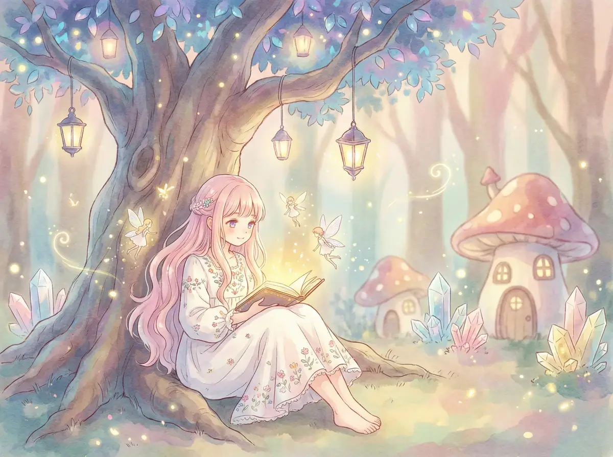 少白洁 - 魔法森林中阅读故事书的粉发少女与精灵